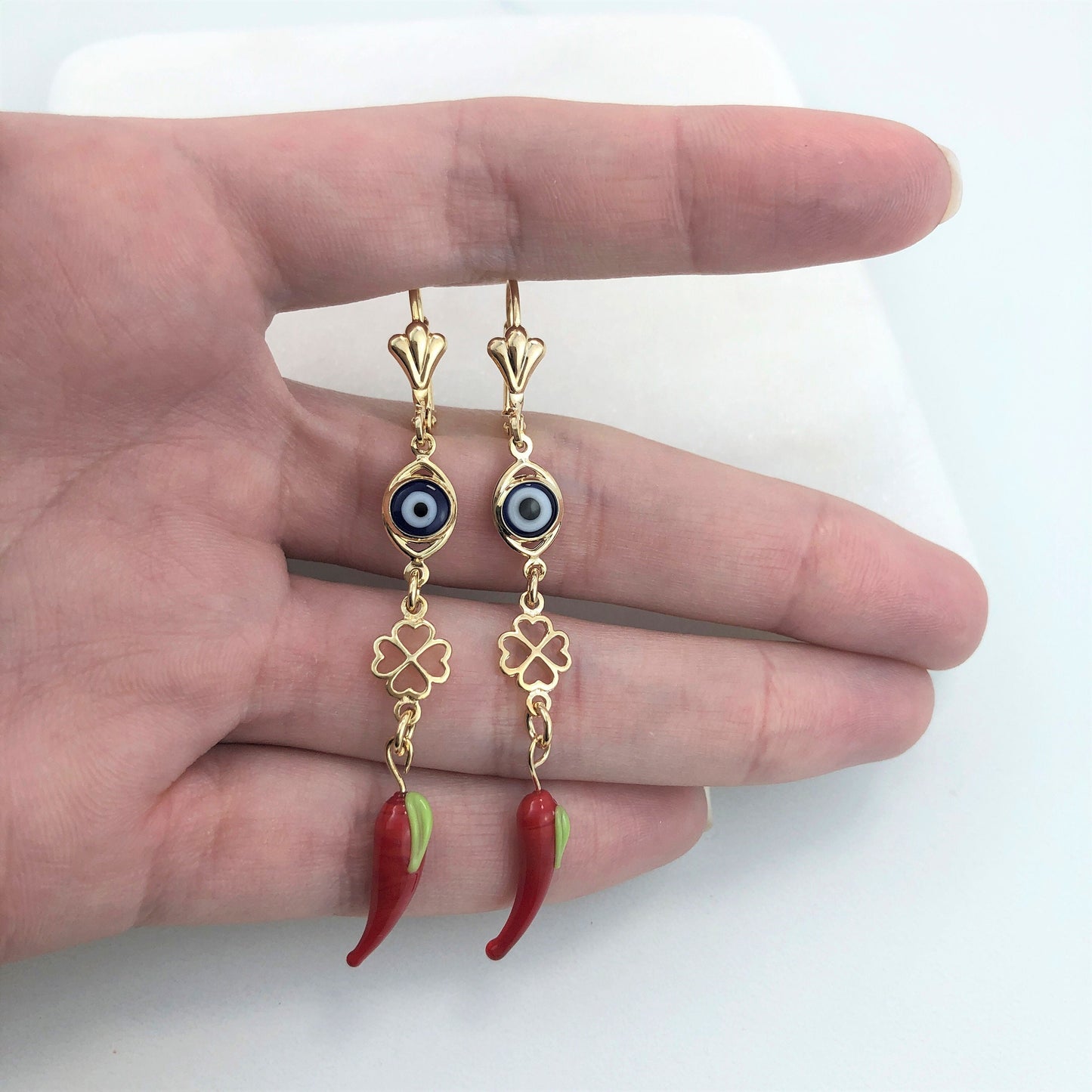 18K Gold Filled Greek Eye, Cutout Clover and Red Chili Pepper Dangle Drop Earrings, Lucky & Protection Symbols, Wholesale Jewelry Supplies