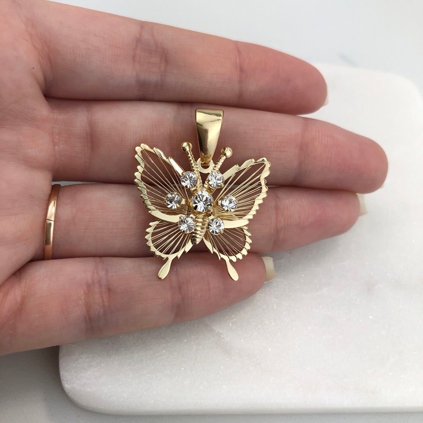 18K Gold Filled Clear Cubic Zirconia Details Cutout Deliciated Butterfly Pendant Charm, Wholesale Jewelry Making Supplies