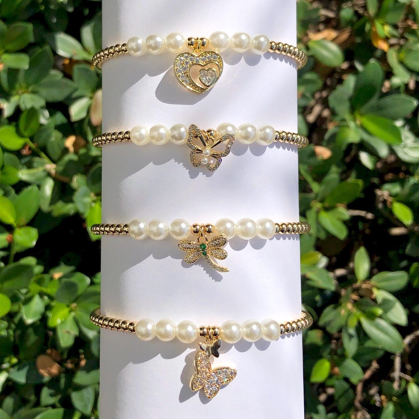 18K Gold Filled Stretch Beaded and Simulated Pearl Bracelet, Clear Cubic Zirconia Delicate Double Butterfly Design Charm , Wholesale Jewelry